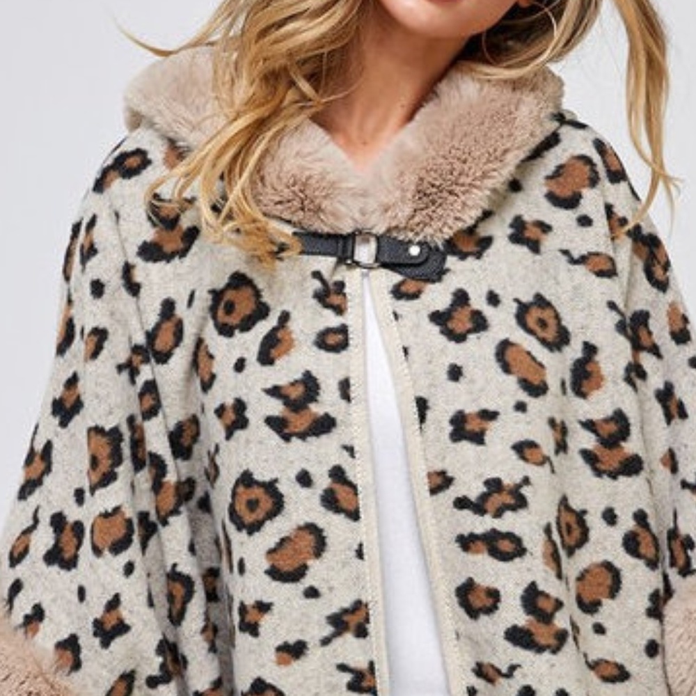 Animal Leopard Print Faux Fur Hooded Knit Poncho Cardigan Sweater Coat Jacket - Picture 7 of 7